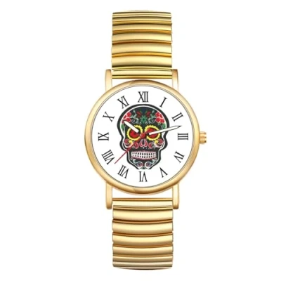 Image of JewelryWe Halloween Elastic Band Watch: Men Women Gold Ultra Thin Expansion Roman Numeral Analog Quartz Student Skull Watch