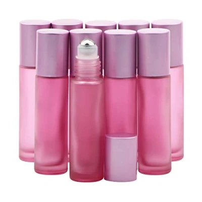 Image of Rowiz 10PCS 10ml Pink Frosted Glass Bottle Leakproof Essential Oil Roller Bottles Set With Stainless Steel Balls And Anodized Aluminum Screwcap For Perfume &amp; Aromatherapy Oils