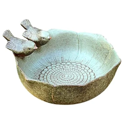 Image of windyday Round Bird Bath with Two Decorative Birds Frost Proof Standing Bowl Made of Ceramic Wild Feeding Small Stations for