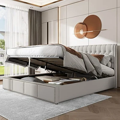 Image of ＭodernLuxe Upholstered Super King Size Bed, 6FT Bed Frame with Hydraulic Lever and Soft Headboard, Functional Storage Ottoman Rivet Decoration, Without Mattress, Linen Light Grey, 180x200cm
