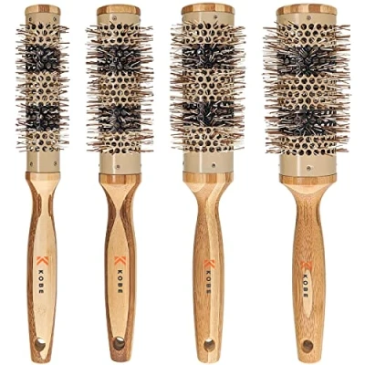 Image of Kobe Pinto Professional Bamboo Thermal Round Brush Styling for Blow Drying, Curling Eco Friendly Handle Heat Retaining Ceramic Barrel (Set of 4)