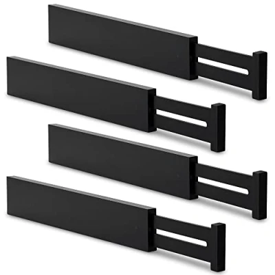 Image of Utoplike 4pcs Bamboo Drawer Dividers, Adjustable Organisers, Spring Loaded Kitchen Utensil Organiser, Large Cultery Trays Organisers for Clothes, Bathroom, Baby Drawer, Tools, Black
