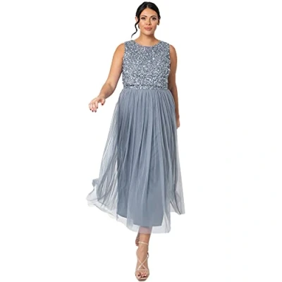 Image of Maya Deluxe Women&#039;s Midaxi Dress Ladies Sleeveless Sequins High Empire Waist Tulle Embellished for Wedding Guest Ball Bridesmaid, Dusty Blue, 6