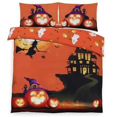 Image of Charlotte Andersen Haunted Pumpkin House Single Halloween Duvet Cover Bedding Set Reversible Orange (Single)