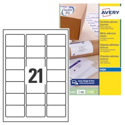 Image of AVERY J8160 25 525 Adhesive Address Labels Customisable White 63.5 x 38.1 mm. Printing: Inkjet