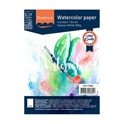 Image of Vaessen Creative Florence Watercolour Paper A5, White, 300 GSM, Artist Grade Quality, Textured Surface, 15 sheets for Painting, Handlettering, Art Projects and More