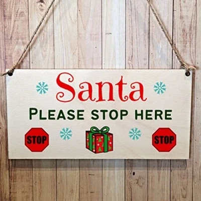Image of Second Ave Santa Please Stop Here Wooden Hanging Gift Rectangle Christmas Xmas Decoration Sign Plaque
