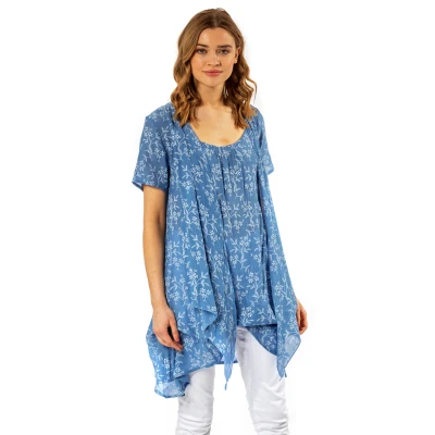 Image of Roman Originals Women Floral Print Crinkle Tunic Top Ladies Spring Casual Summer Short Sleeve Round Neck Comfy Long Loose Tops Light Blue Size 10