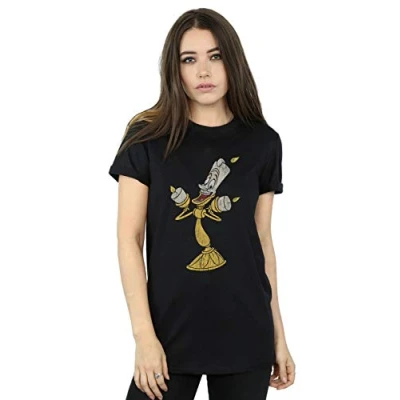 Image of Disney Women&#039;s Beauty and The Beast Lumiere Distressed Boyfriend Fit T Shirt Black Large