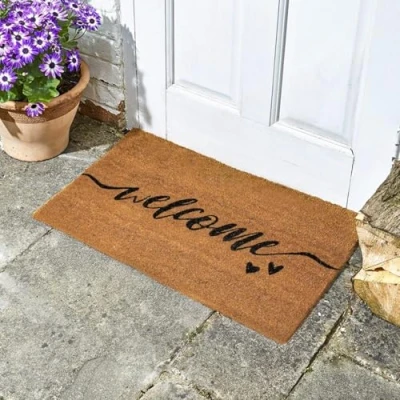 Image of HomeZone Welcome Mat Decoir Doormat Door Natural Look Slip Resistant PVC Backing Safe Anti Indoor Outdoor Use (Welcome)