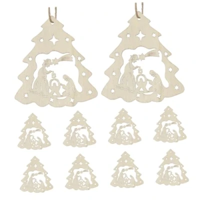Image of LUOEM The Birth of Jesus Wooden Ornaments Christmas Tree Hanging Pendant with Hemp Ropes Pack 10