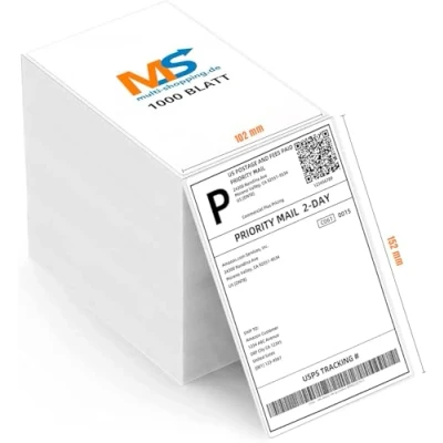 Image of Shipping Labels 4x6 102x152mm Direct Thermal Stickers Water Resistant, Oil Scratch Resistant Self Adhesive Perforated Fanfold Works with Rollo, Zebra, MUNBYN Printer