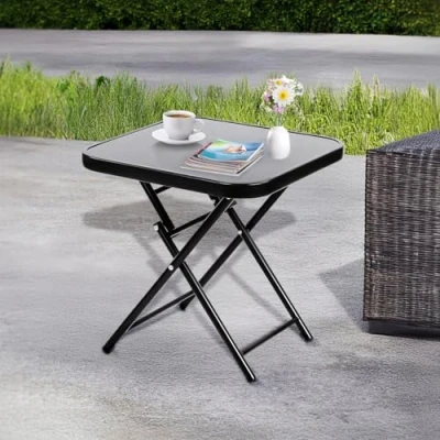 Image of Marco Paul Interiors Unique Folding End Table with Black Glass Top Small Durable Metal Corner Portable Occasional Dining Indoor or Outdoor for Home, Patio, Garden Side Decor