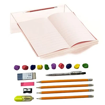 Image of Playlearn Clear Acrylic Ergonomic Writing Slope, 5 Coloured Grips &amp; 9 Piece Mixed Stationery Set, Educational SEN Resource for Children Adults