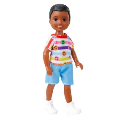 Image of Barbie Chelsea Doll, Small Boy Doll Wearing Removable Romper and Shoes with Brown Hair &amp; Eyes Blue Eyes, HNY58