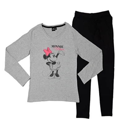 Image of Disney Minnie Mouse Pyjamas for Women Pyjama Set Long Sleeve Top with Trousers grey/black, XL