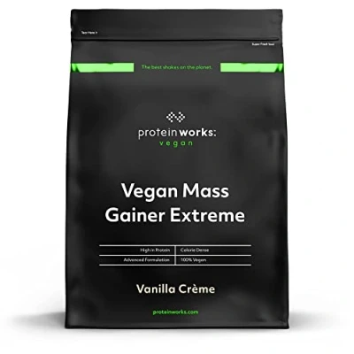 Image of Protein Works Vegan Mass Gainer Extreme High Calorie Powder Weight Vitamins &amp; Minerals 5 Shakes Vanilla Crème 1kg