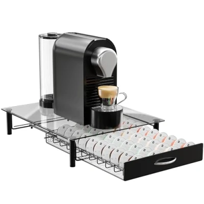 Image of Homiu Nespresso Vertuo Pod Holder 40 Capsule Coffee Organiser for Storage with Tempered Glass Top Vertuoline Drawer Machine Stand