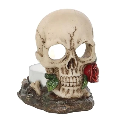 Image of Gothic Halloween Skull Rose Tealight Holder Haunting Table Decor &amp; Spooky Party Centerpiece