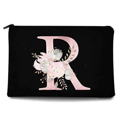 Image of 26 Letter Printed Zip Canvas Pouch Makeup Bag Make Up Bag, Cosmetic Travel Bag,Toiletry Bag,Organizer Bags,Toiletry Bags, Bride Bridesmaid Bag,Pencil Bag,Wash Bag,Coin Purse (Pink Flower R)