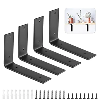 Image of Booramy 4 Pack Shelf Brackets, Wall Mounted Shelve Heavy Duty Support Angle L Shape Shelving Brackets for Shelving, Black (19.5cm x 15cm)