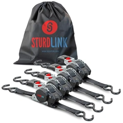 Image of Automatic Ratchet Tie Down Straps 3m 25mm with Strap Reel and S Hooks LC 300daN / 600daN in U, Black Webbing Set of 4 Ideal Trailer Attachment for Bike Motorcycle Quad Boat