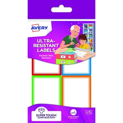 Image of Avery Resistant Rectangular Labels, 44 x 64 mm, 16 Labels Per Pack, White (with Coloured Patterned Edges)