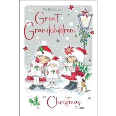 Image of Great Grandchildren Christmas Card Special Children Carol Singing Artistic Festive Design Finishes and Illustrated Insert Leaf Made in the UK