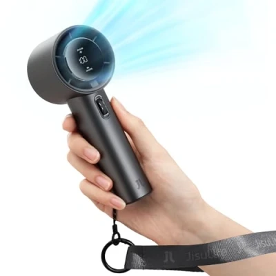 Image of JISULIFE Portable Handheld Fan,Speed(1 100) Adjustable Turbo Mini Fan,5000mAh Battery Rechargeable Personal Fan with Metal Body,Digital Display,For Women Men Travel/Camping/Outdoor Grey