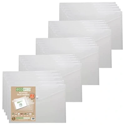 Image of eco A3 50% Recycled Clear Transparent Press Stud Popper Wallet, Plastic Folders (Pack of 25), eco034x25