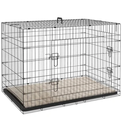 Image of PawHut Dog Crate with 2 Doors, Foldable Metal Cage Tray, Soft Cushion, for Extra and Large Dogs, 105 x 70 75, Black