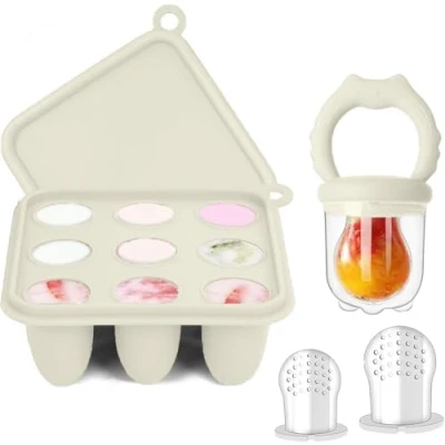 Image of WeSweet Fruit Feeder for Baby Silicone Food Breastmilk Popsicle Freezer Molds Teething &amp; Infant Self Feeding Ideal Mum to Be Gifts (Cat Beige)