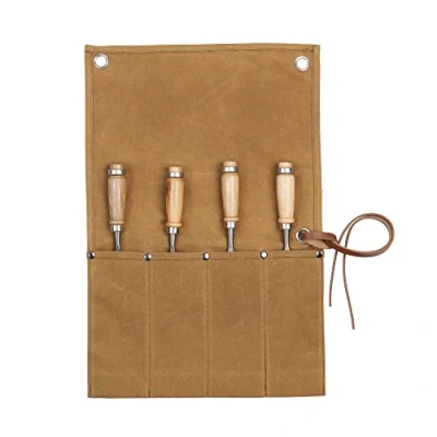 Image of Small Tool Roll Up Pouch, Multi function Bag with 4 Pockets for Chisels, Hammers, Gouges Palm Tools ( Khaki )