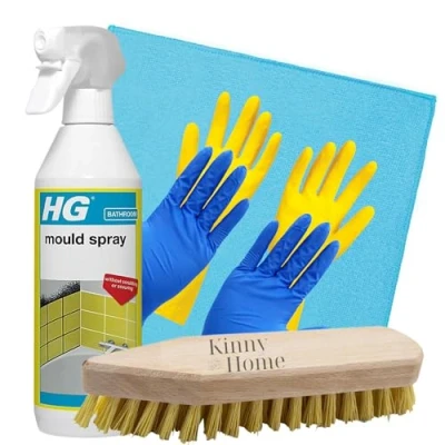 Image of KinnyHome Bathroom Cleaning Kit with HG Mould Spray 500ml and Mildew Remover Bundle, Includes Scrubbing Brush, Microfiber Cloth, Gloves