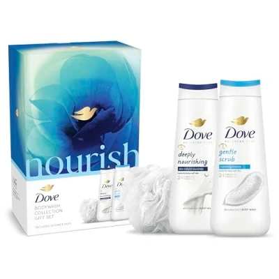 Image of Dove Nourish Body Wash Collection Gift Set with a luxury shower puff skin care gifts for her 2 piece