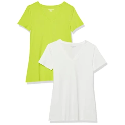 Image of Amazon Essentials Women&#039;s Classic Fit Short Sleeve V Neck T Shirt, Pack of 2, Lime Green/White, S