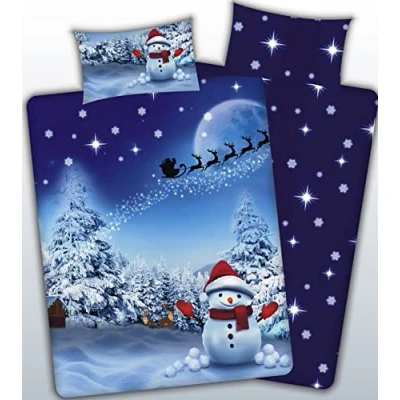 Image of Charlotte Andersen Snowman Christmas Double Xmas Blue Festive Duvet Cover Bedding Set with Pillowcases (SNOWMAN, Double)