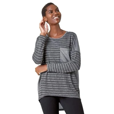 Image of Roman Originals Glitter Stripe Pocket Stretch Top for Women UK Ladies Everyday Autumn Winter Round Neckline Comfy Soft Evening Vacation Work Party Night Out Grey Size 10