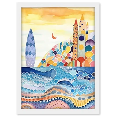 Image of Artery8 Abstract Seascape Waves On Beach Folk Art Bathroom Artwork Framed A3 Wall Print