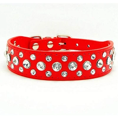 Image of haoyueer Bling Rhinestone PU Leather Crystal Diamond Pet Dog Cat Puppy Collar S M L XL (S, Red)