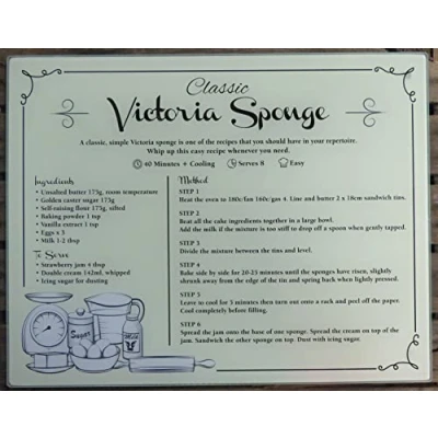 Image of Glass Recipe Chopping Board Classic Victoria Sponge Cake Large Worktop Saver Surface Protector 35cm x 45cm