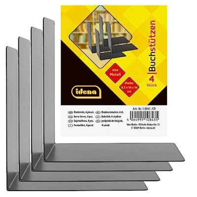 Image of Idena 10843 Bookends Metal Black 4 Book Stands 14 x 8.5 cm Holder for Bookshelves