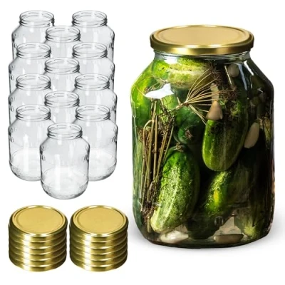 Image of KADAX Glass Jars 2.5 L, Round Preserve Storage with Wide Mouth, Large Preserving for Fermenting, Pickling Cucumbers (Set of 12, Gold Lids)