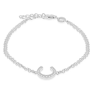 Image of Tuscany Silver Women&#039;s Sterling Rhodium Plated CZ Horseshoe Double Chain Bracelet 17cm/6.5&#039; 19cm/7.5&#039;