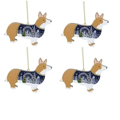 Image of Gisela Graham Wood Corgi with London Scene Decorations set of four
