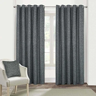 Image of HOMESCAPES Dark Grey Textured Boucle Blackout Curtains Pair Width 167cm (66&quot;) x 182cm (72&quot;) Drop Genuine 3 Pass Lining Heavy Weight Eyelet Curtain