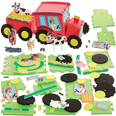 Image of Baker Ross FX566 Tractor Kits Pack of 2, Foam 3D Arts and Crafts for Kids, Green,Red