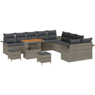 Image of vidaXL 13 Piece Garden Sofa Set with Cushions Grey Poly Rattan Acacia