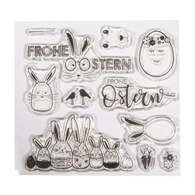Image of Rayher Set of 11 Clear Silicone Stamps for Seasonal Card Making and Crafting, Craft in Assorted Easter Themed Designs Various Sizes, 102.5x97mm, 50273000