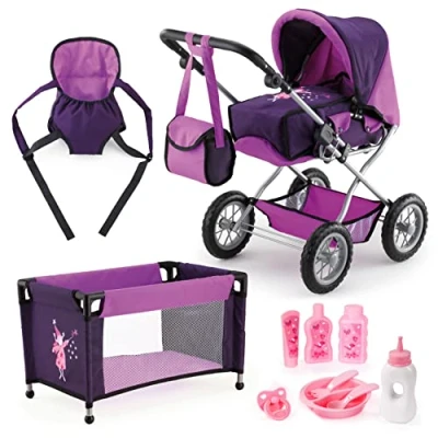 Image of Bayer Design 15012AB Dolls Pram, Stroller Combi Grande set with bag, carrier, travel bed, accessories, purple fairy